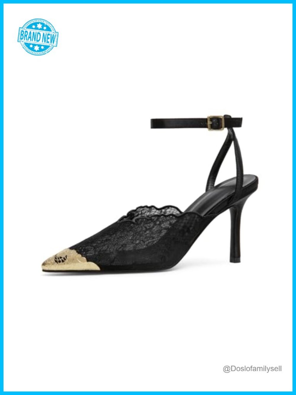 Womens Lace Stiletto Pumps Gold Cap Toe Ankle Strap Heels